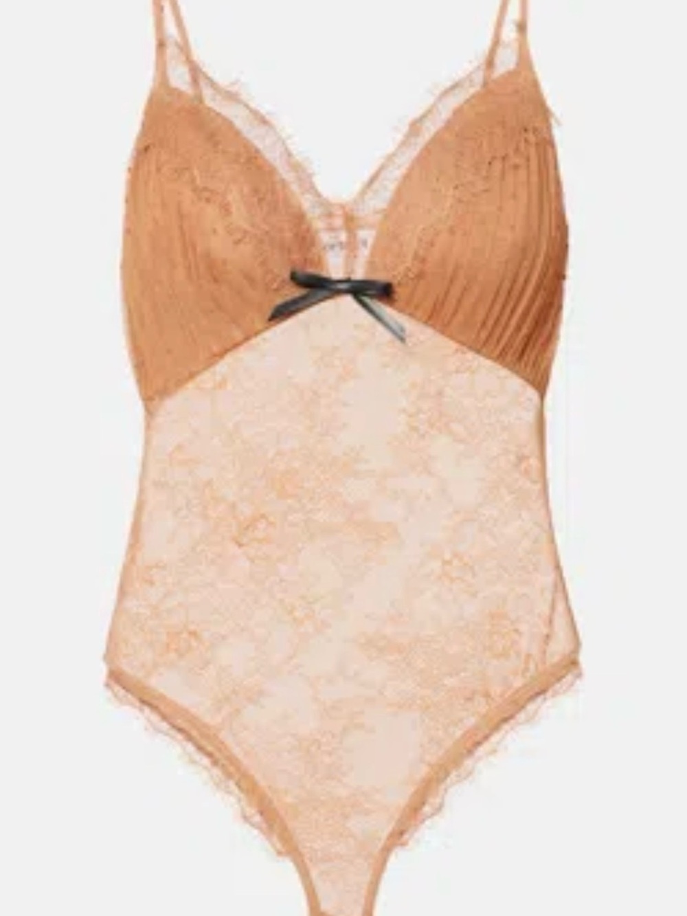 Self-Portrait Tan Lace Bodysuit with Black Bow Accent